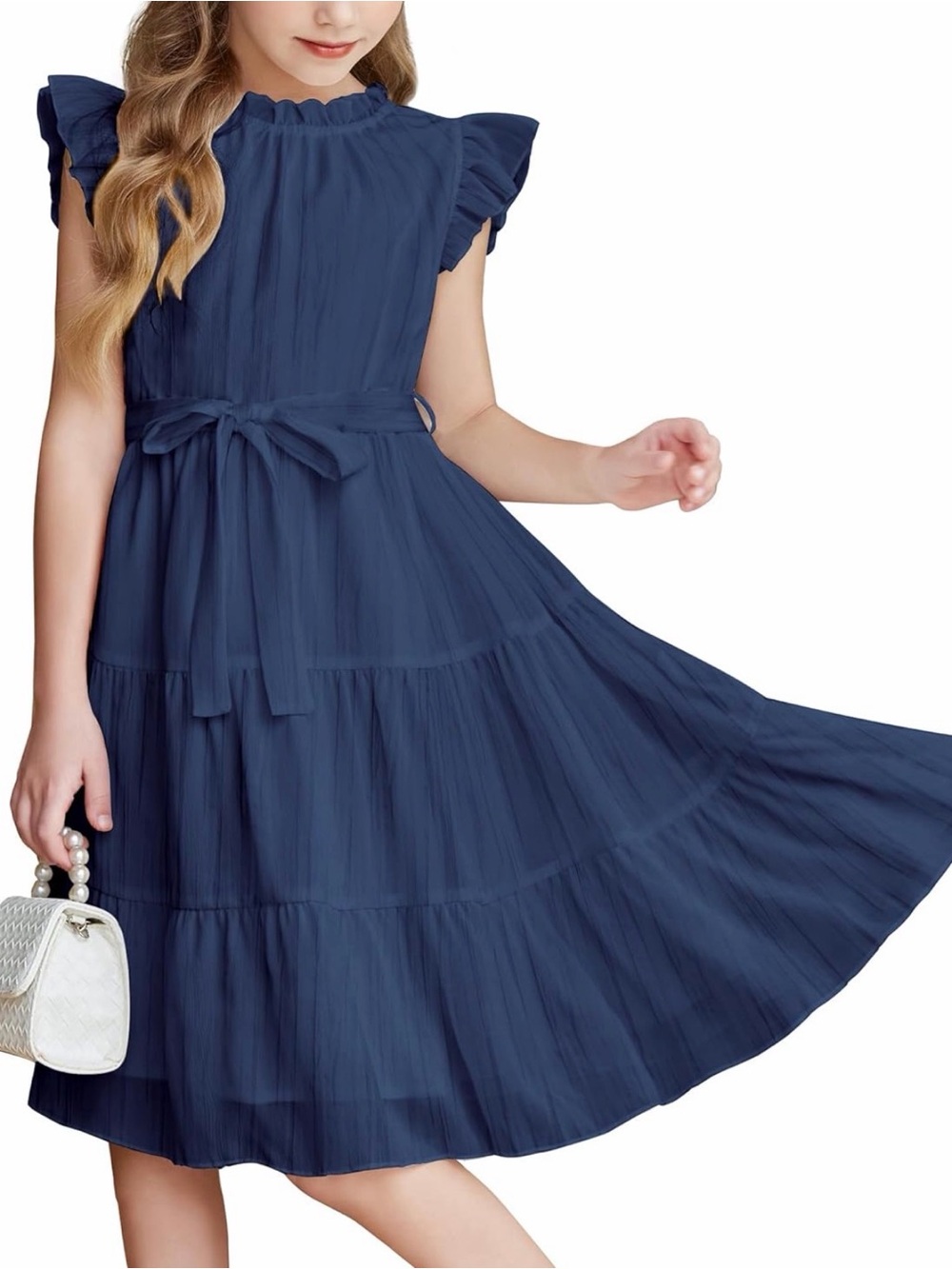 Girls' Navy Ruffle-Tiered Party Dress with Self-Tie Waist, 12-13 Y XXL Kids